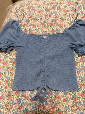 Love Tree Dusty Blue Smocked Puff-Sleeve Crop Top